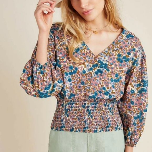Maeve Anthropologie‎ Odette Smocked Pink Blue Floral Blouse Medium - Picture 1 of 11